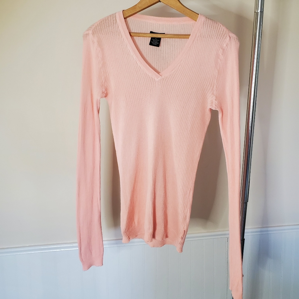 Calvin Klein sheer V neck sweater CK jeans super soft lightweight pink sz M